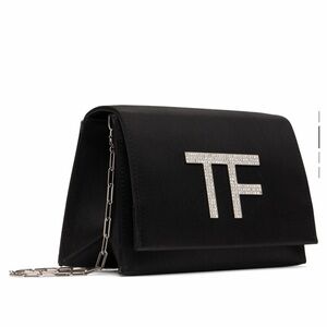 Tom Ford Black Satin crystal embellished Clutch with Silver Chain